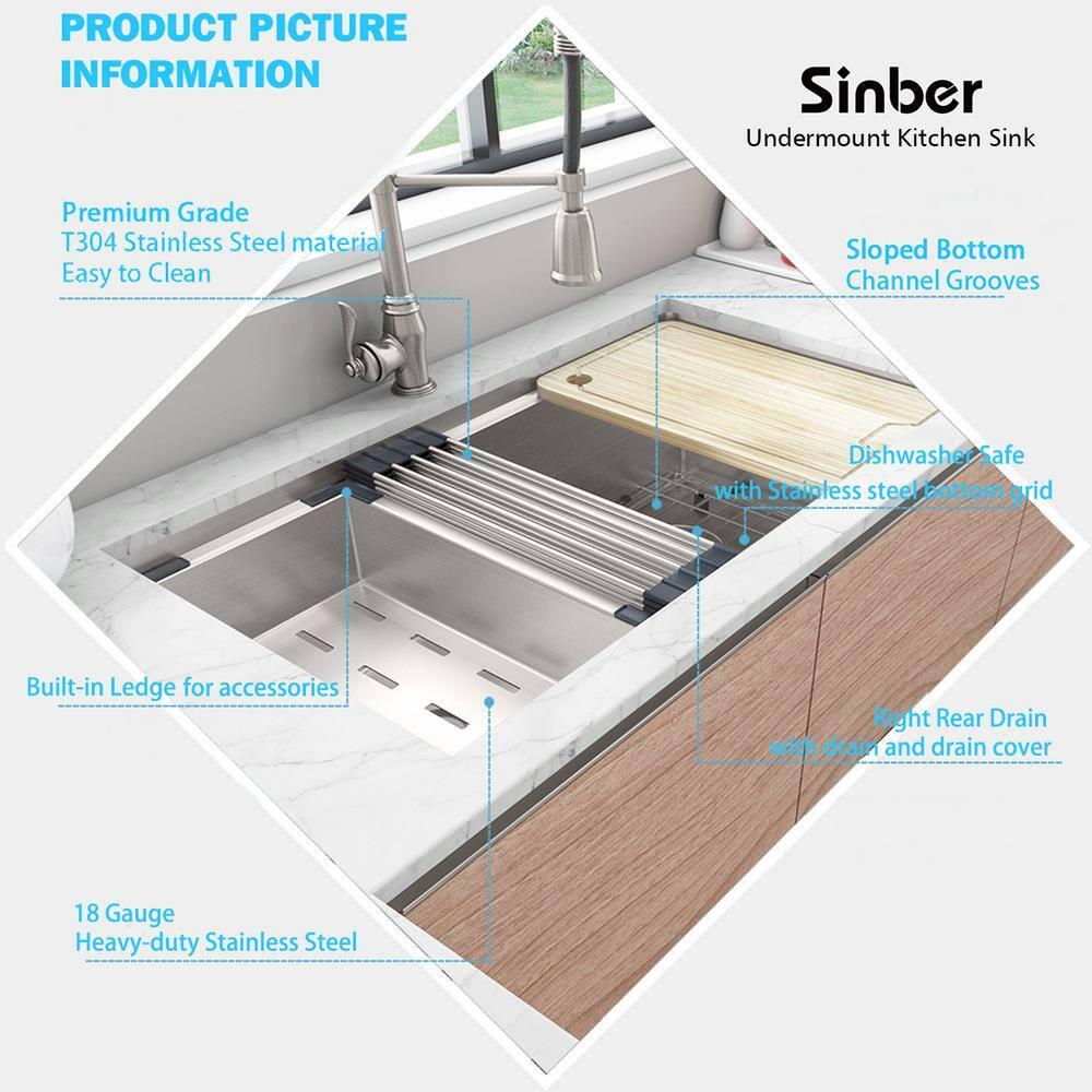 Sinber 33" Undermount Double Bowl Workstation Kitchen Sink with 304 Stainless Steel