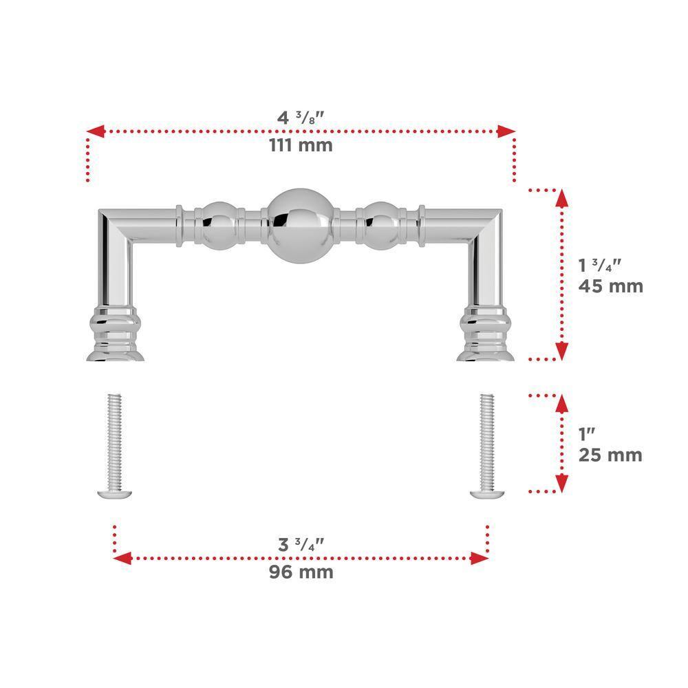 Richelieu Hardware BP878996140 Firenze Collection 3 3/4-inch (96 mm) Center-to-Center Chrome Traditional Round Cabinet and Drawer Pull Handle for Kitchen, Bathroom, and Furniture