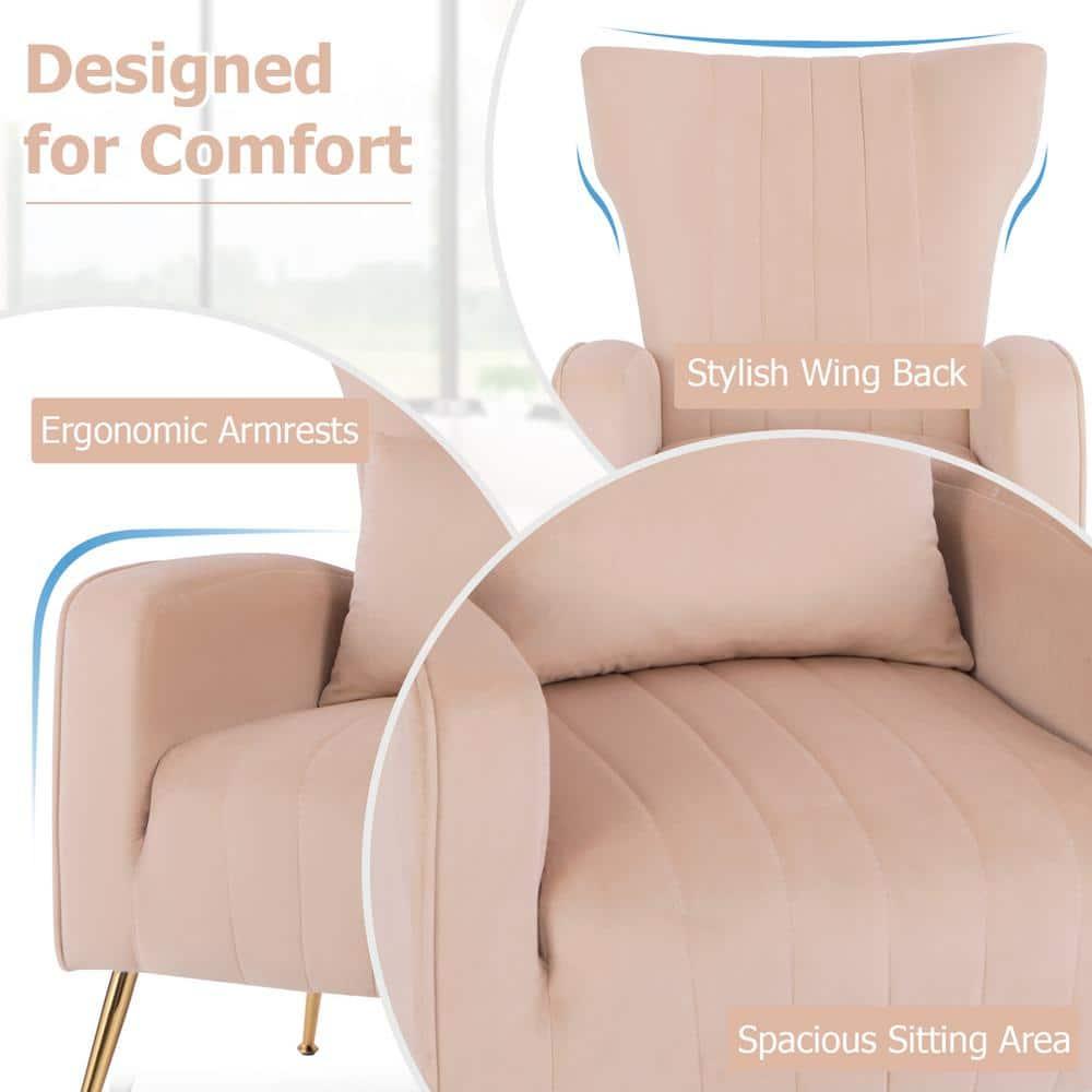 Kepooman Accent Chair, Modern Sofa Chair, Wingback Club Chairs,Velvet Upholstered Wingback Chair with Lumbar Pillow and Golden Metal Legs-Pink