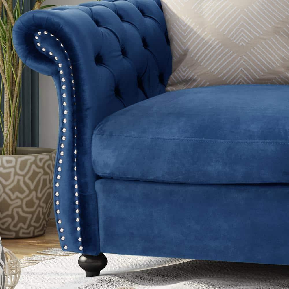 Ember Interiors Aaniya Velvet Chesterfield Loveseat Sofa, Navy Blue