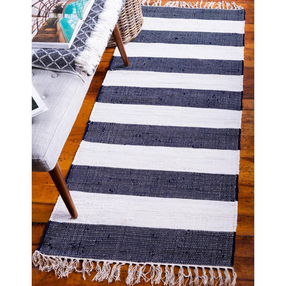 Unique Loom Chindi Rag Collection Area Rug - Striped (2' 7" x 6' 1" Runner Navy Blue/Ivory)