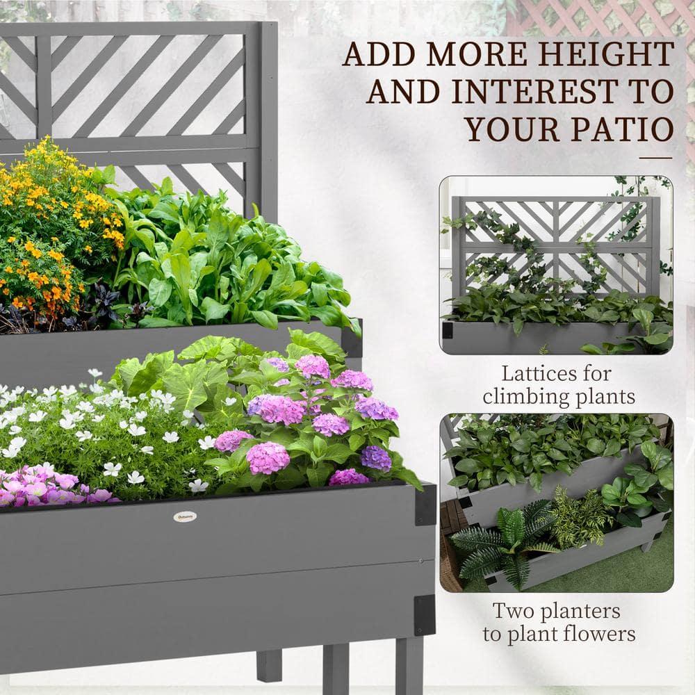 Outsunny 2 Tier Trellis Planter, Wooden Vegetable Garden Bed with Metal Corners for Vegetables, Flowers, Herbs, Gray