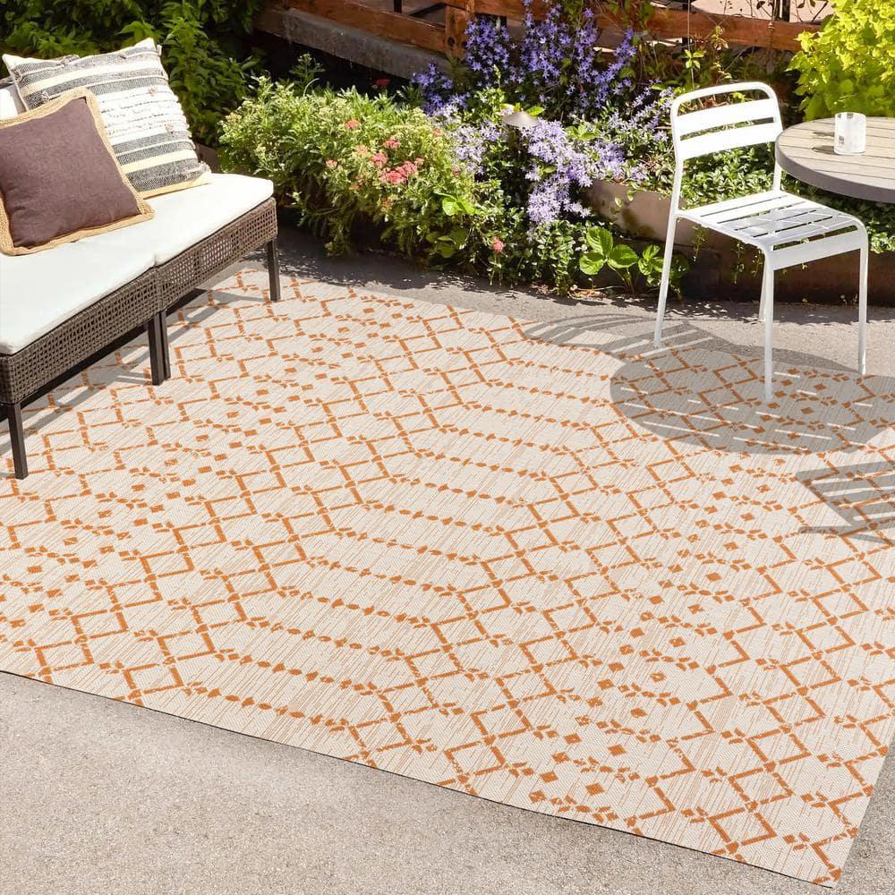 3' x 5' Ourika Moroccan Geometric Textured Weave Indoor/Outdoor Area Rug, Cream/Orange - JONATHAN Y