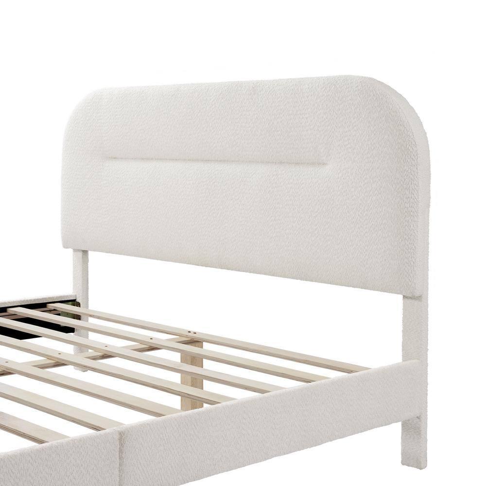 24/7 Shop At Home Queen Heartwild Modern Boucle Upholstered Rounded Platform Bed White: Padded Headboard, No Box Spring Required