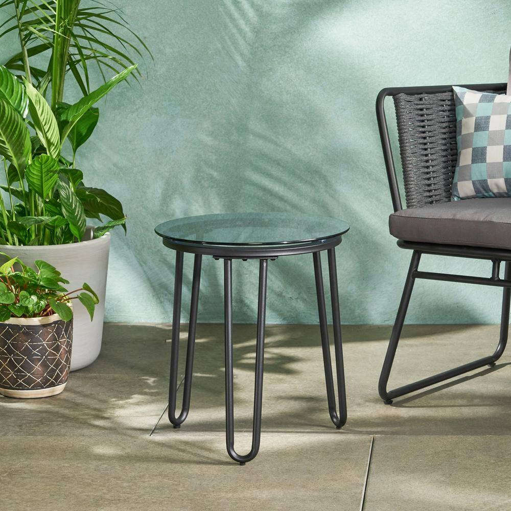 GDFStudio San Marco Outdoor Iron and Tempered Glass Side Table, Black