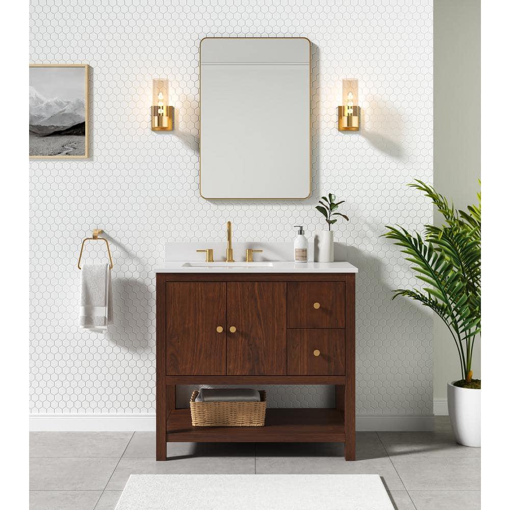 Zoe 37 in. Vanity Combo in Walnut Finish with White Quartz Top