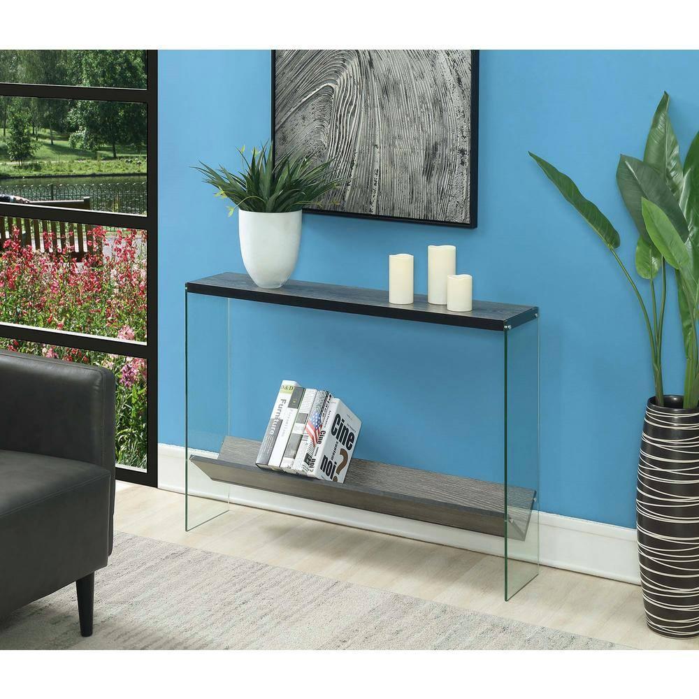 Convenience Concepts SoHo Glass V Console Table with Shelf, Weathered Gray/Glass