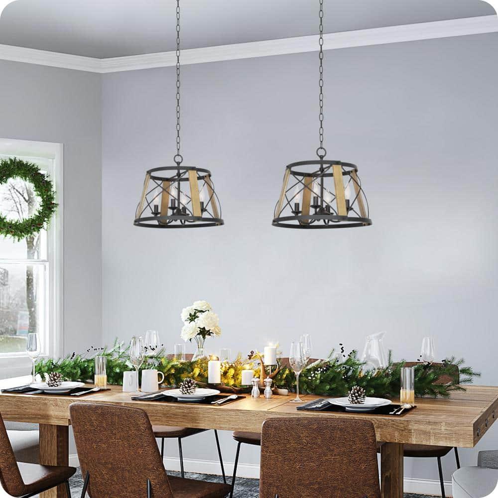 Kira Home Napa 18" Farmhouse Round Pendant Chandelier, Open Cage Design, Smoked Birch Wood, Perfect for Dining Rooms