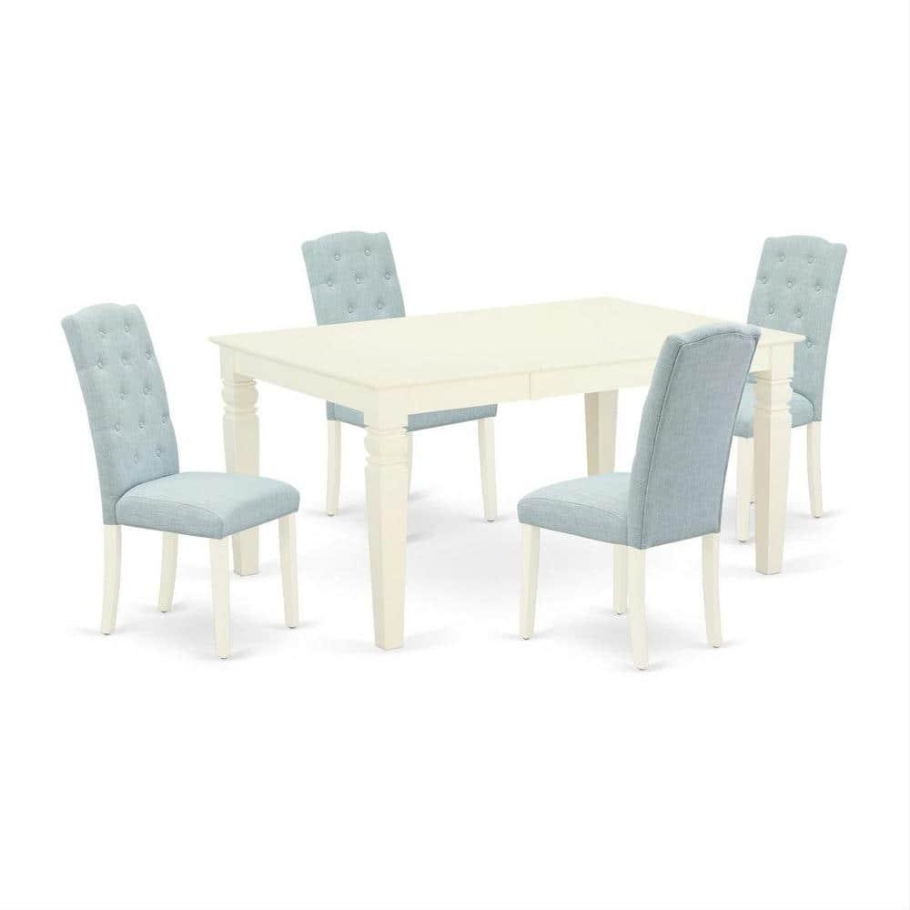 WECE5-WHI-15 5Pc Dining Set Includes a Rectangle Dinette Table with Butterfly Leaf and Four Parson Chairs with Baby Blue Fabric, White Finish