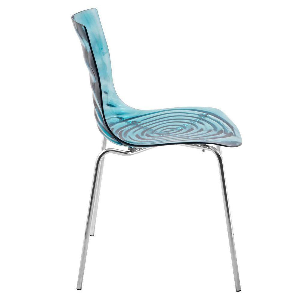 LeisureMod Astor Acrylic Dining Chair with Water Ripple Design and Metal Legs in Transparent Blue