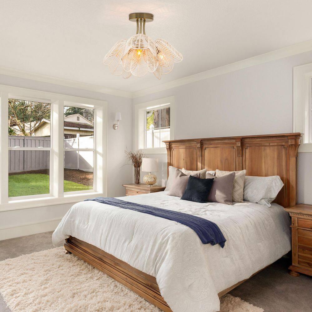 11.5" Meg Brushed Gold Metal Ceiling Light with Rattan Shade - River of Goods: Semi-Flush, 3-Light Fixture