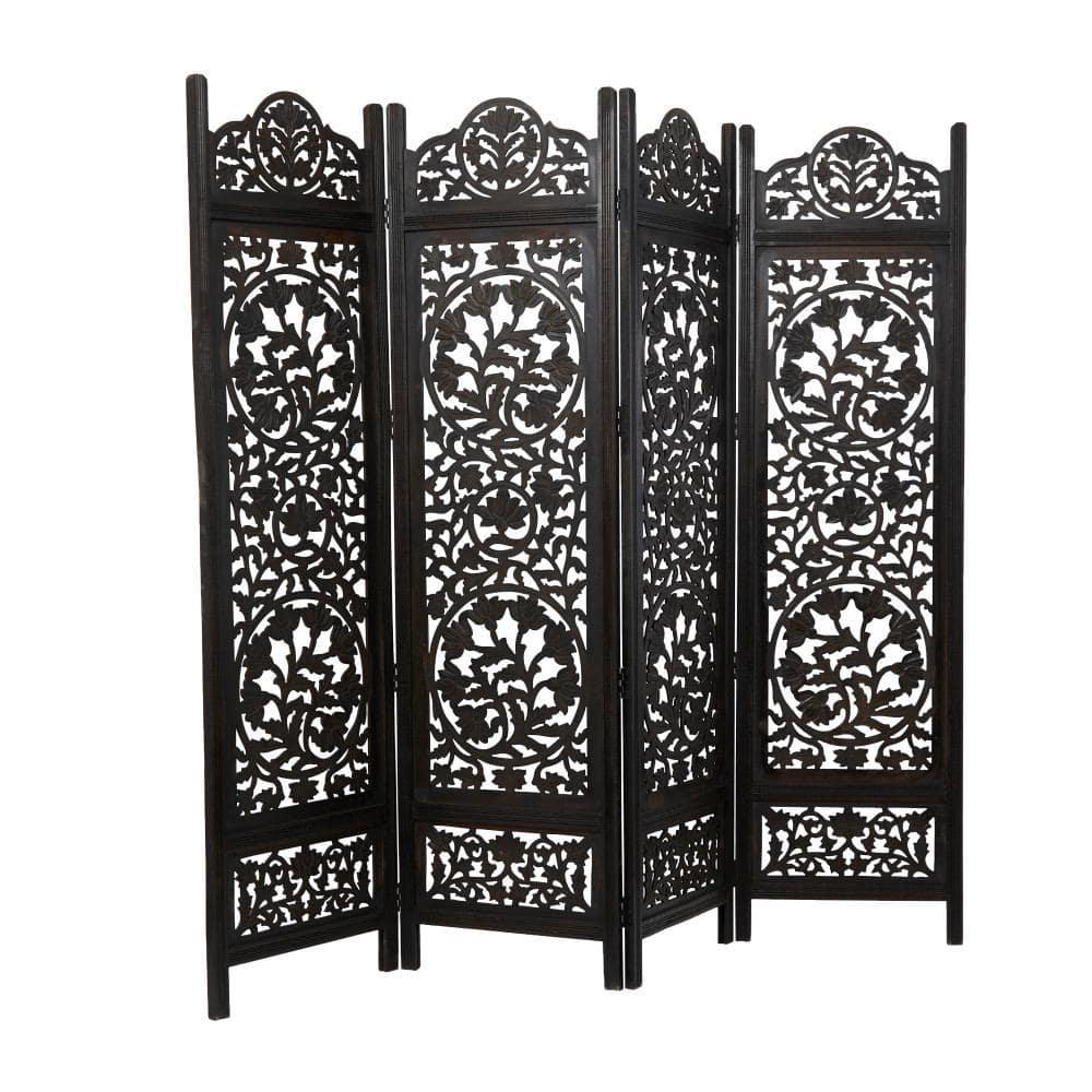 DecMode 80" x 72" Black Wood Floral Handmade Hinged Foldable Partition 4 Panel Room Divider Screen with Intricately Carved Designs, 1-Piece