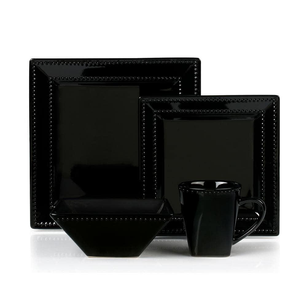 Lorren Home Trends 16 Piece Square Beaded Stoneware Dinnerware set, service for 4, Black