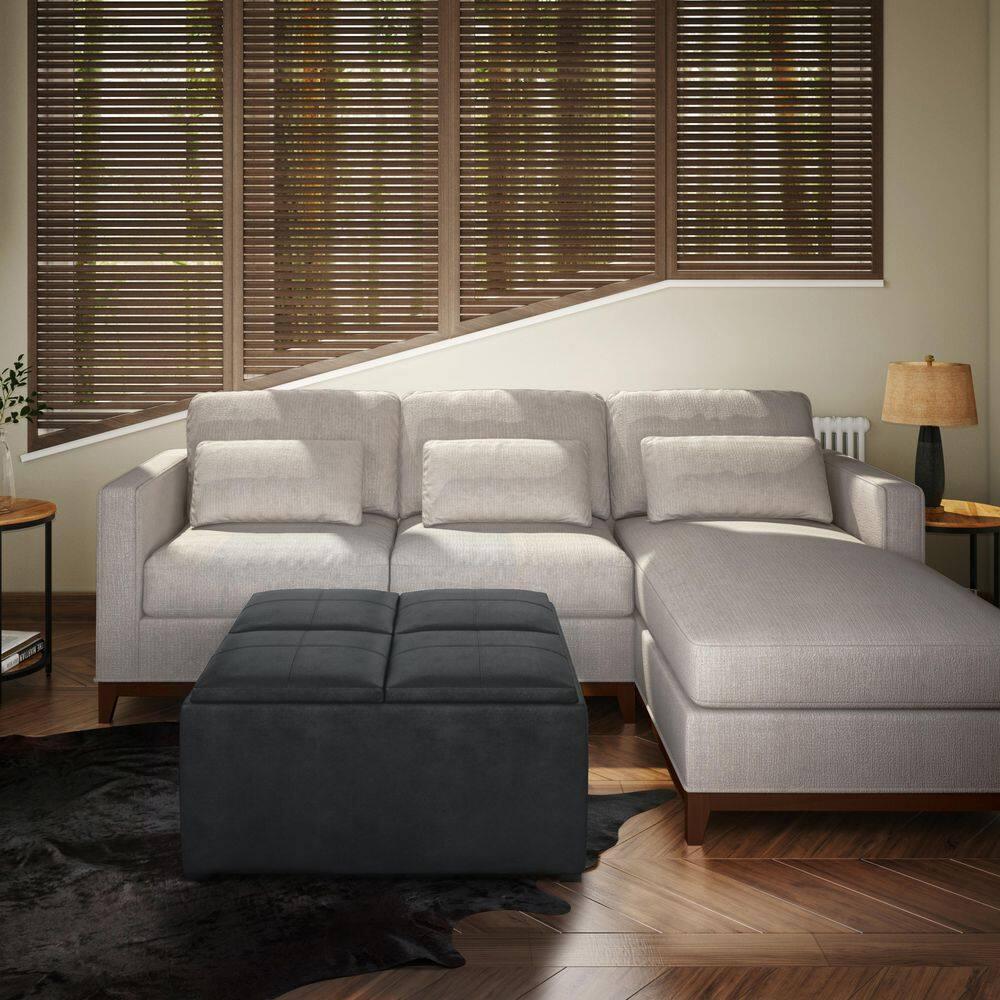 Simpli Home Avalon 35"W Upholstered Square Coffee Table Storage Ottoman with Flip-Over Trays