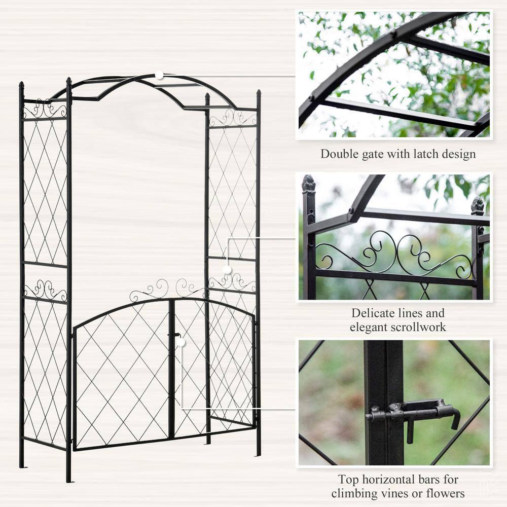 Black Metal Garden Arch Arbor Trellis with Gate for Outdoor Decoration