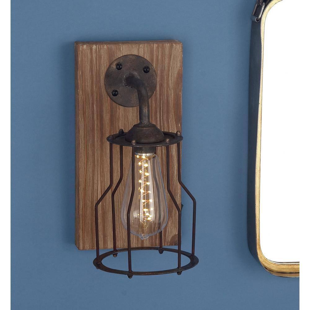 DecMode Industrial Metal Wall Sconce with Wood Backplate and Iron Cage, 6"W x 11"H Features Rustic Brown Finish