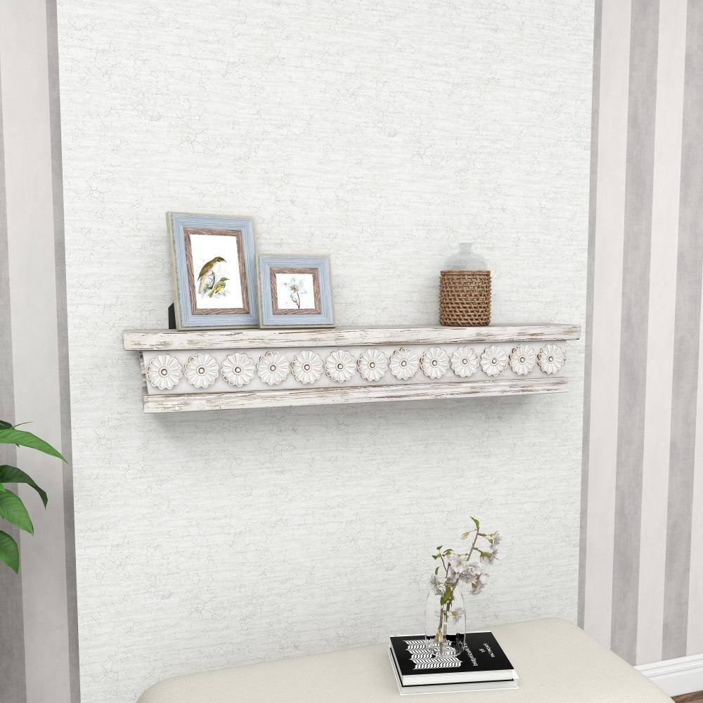 DecMode 36" x 5" Intricate Carved 1-Tier White Floral Wall Shelf