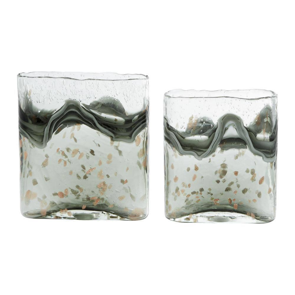 DecMode 9", 8"H Handmade Blown Gray Glass Vase with Speckled Wave Design, Set of 2