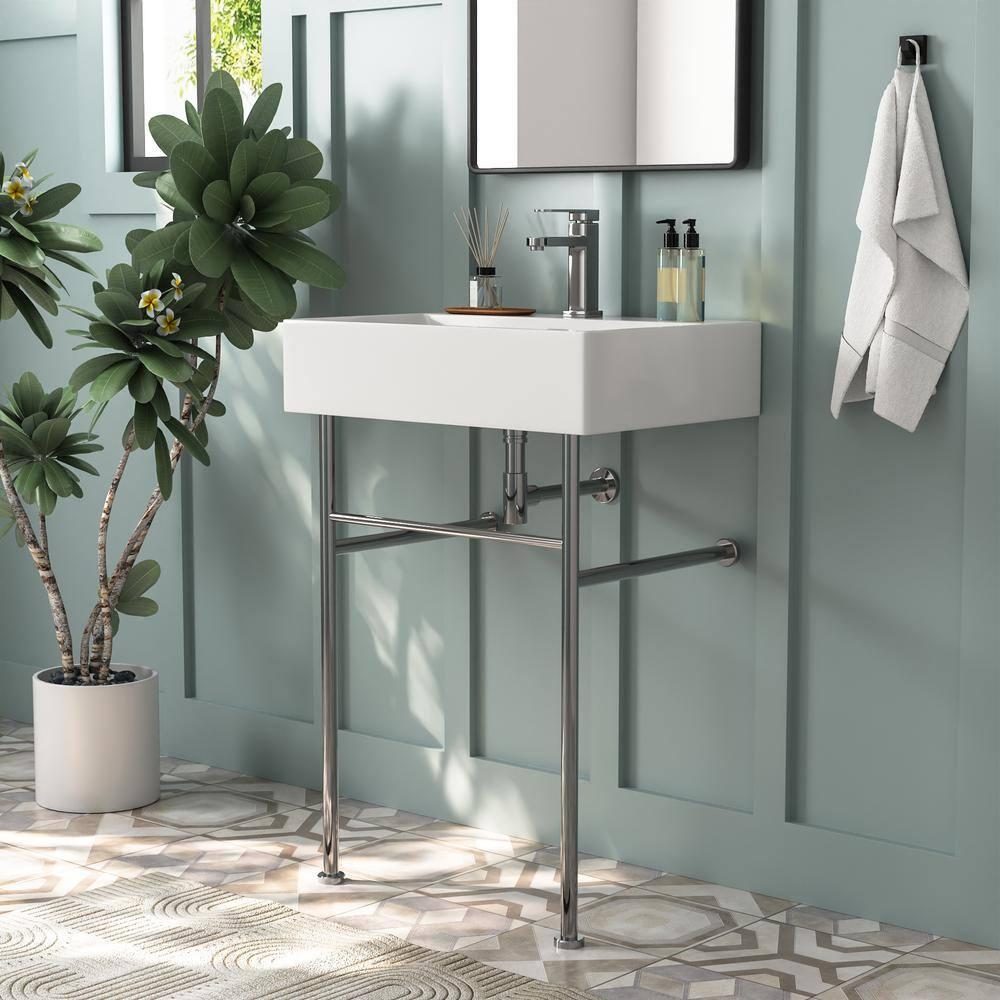 Ceramic White Rectangular Single Faucet Hole 24 in Console Bathroom Sink with Overflow