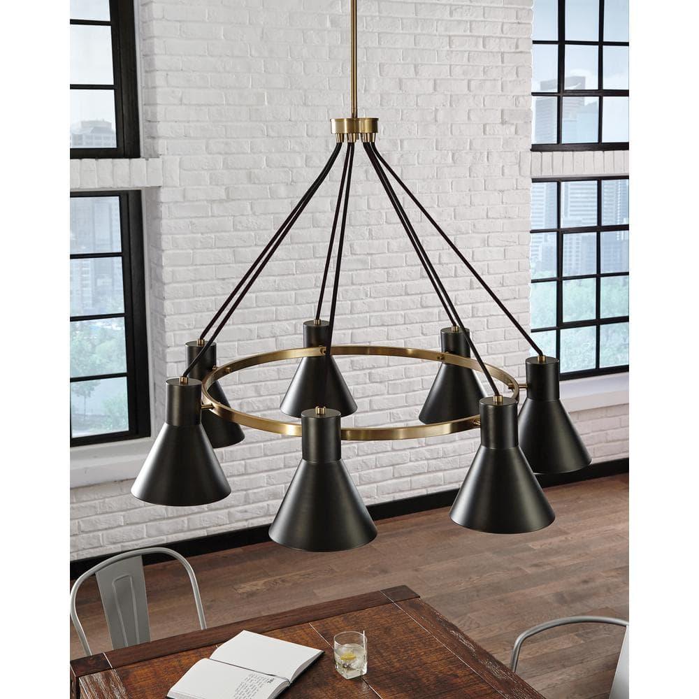 Satin Brass 5-Light Chandelier with Black Steel Shade