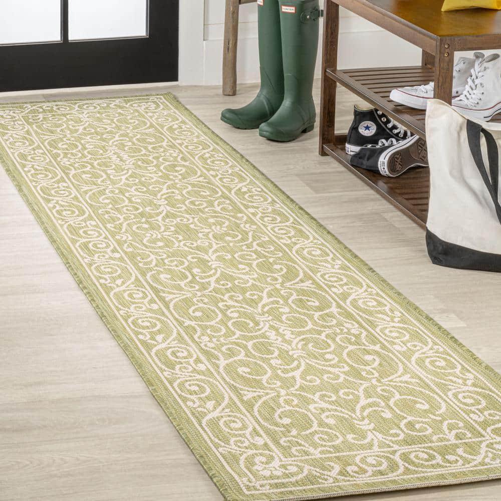 2' x 8' Charleston Vintage Filigree Textured Weave Indoor/Outdoor Runner Rug, Green/Cream - JONATHAN Y