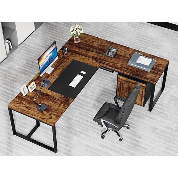 Capen 70.8 in. L Shaped Rustic Brown Wood Executive Desk with File Cabinet L Shaped Computer Desk for Home Office
