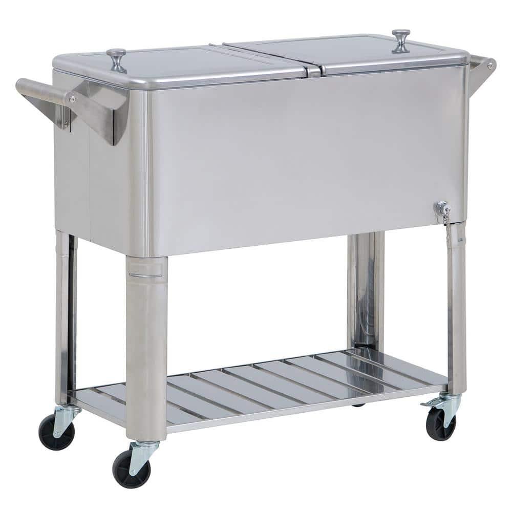 Sunjoy Sunjoy 80 Quart Patio Cooler Cart Stainless Steel Rolling Ice Chest With Steel Bottle Opener, Shelf And Lockable Wheels