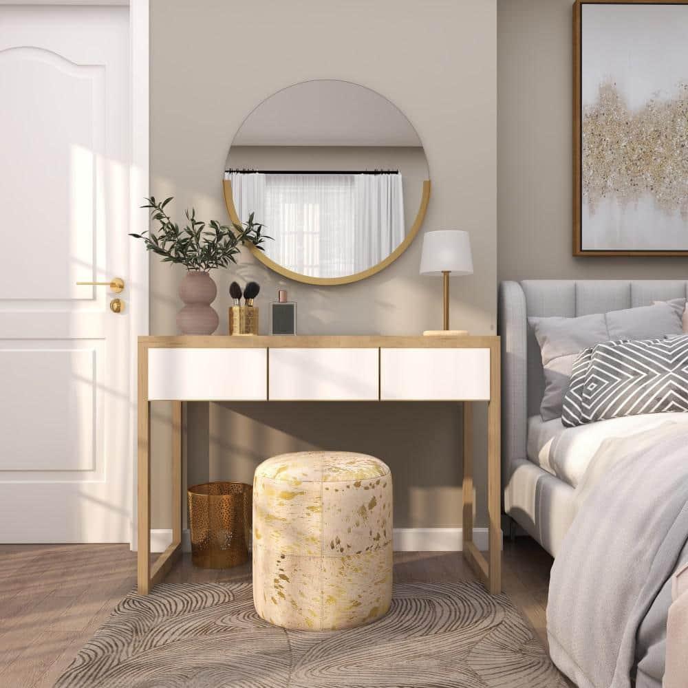 DecMode 16" x 17" Gold Leather Handmade Stool with Gold Foil Paint, 1-Piece