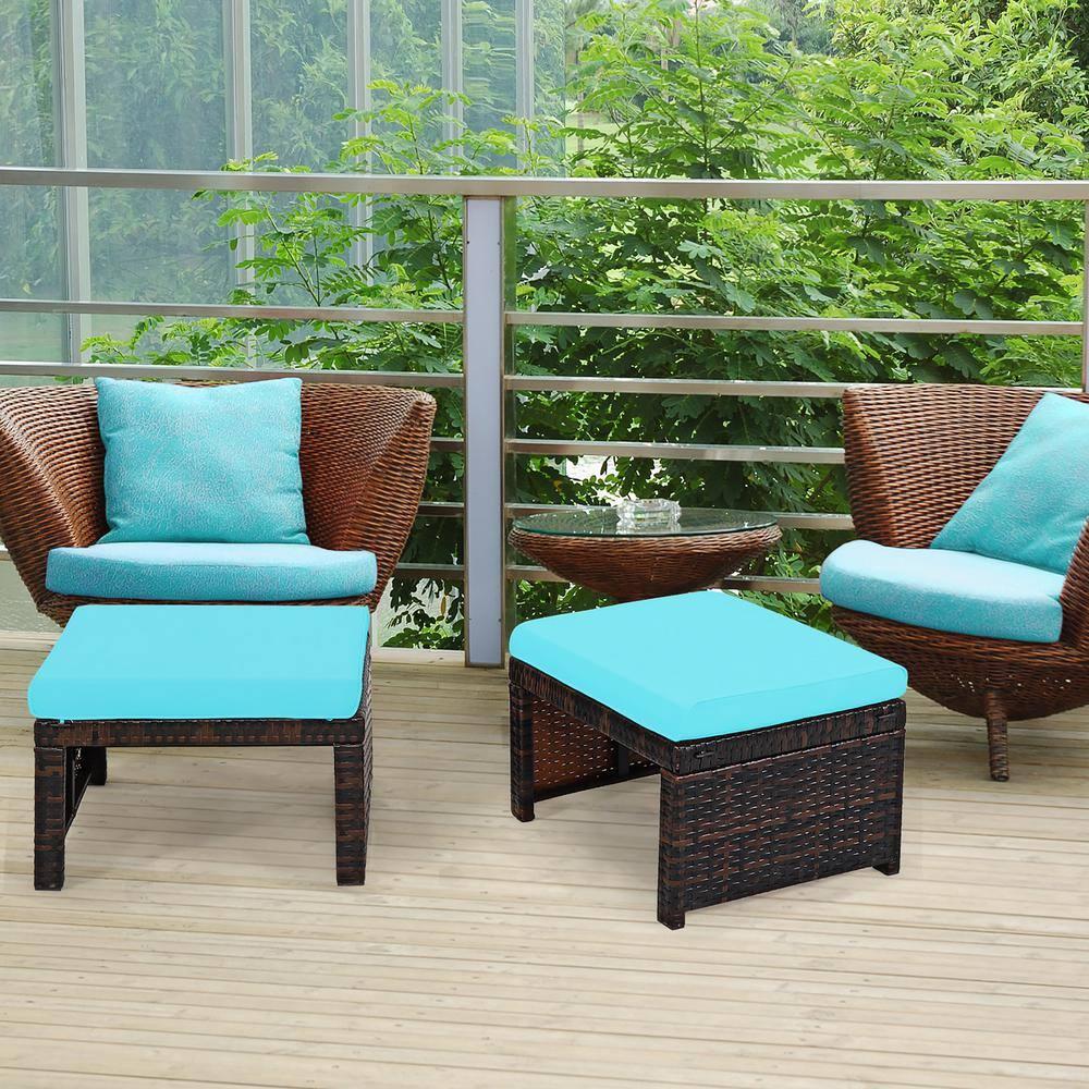 Tangkula 2 PCS Outdoor Wicker Ottoman Patio Rattan Furniture Metal Footrest Seat Square Footstool with Cushion Turquoise