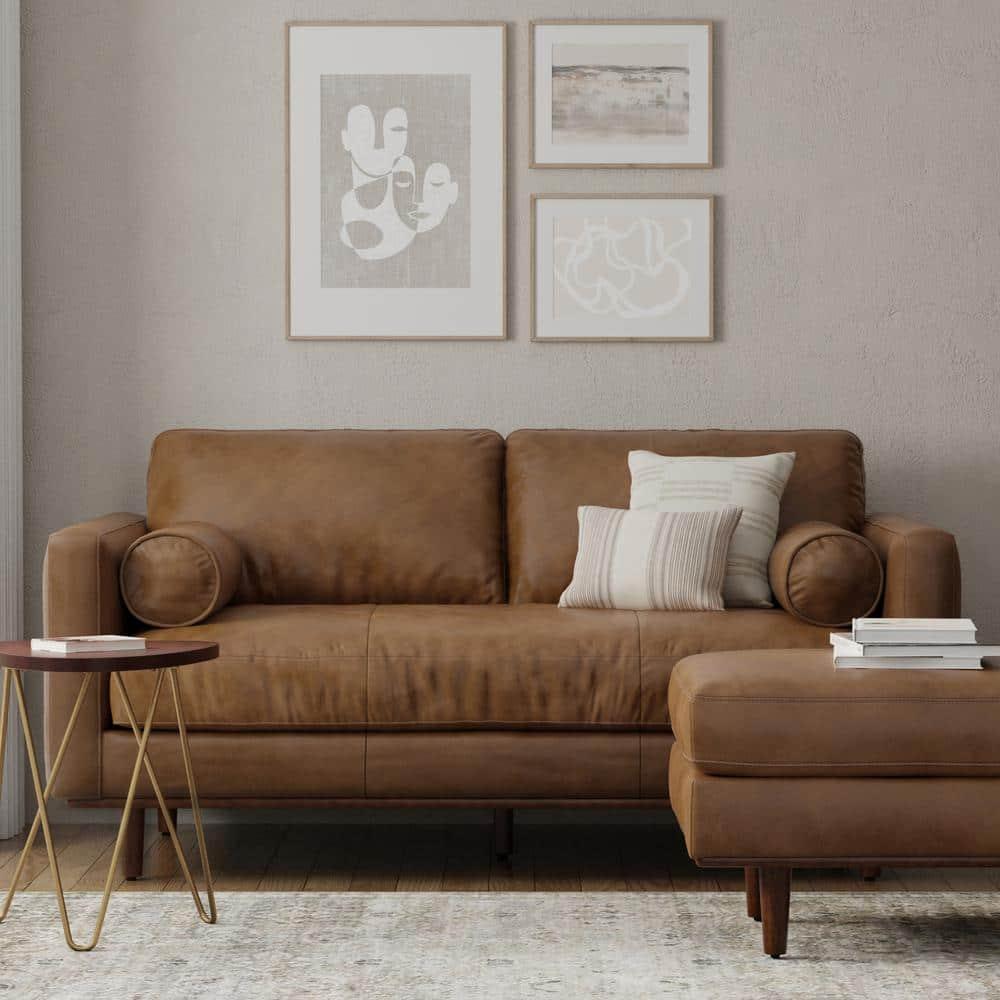 Simpli Home Morrison Genuine Leather Sofa, Mid-Century Modern Couch for Living Room, Handcrafted with Removable Cushions