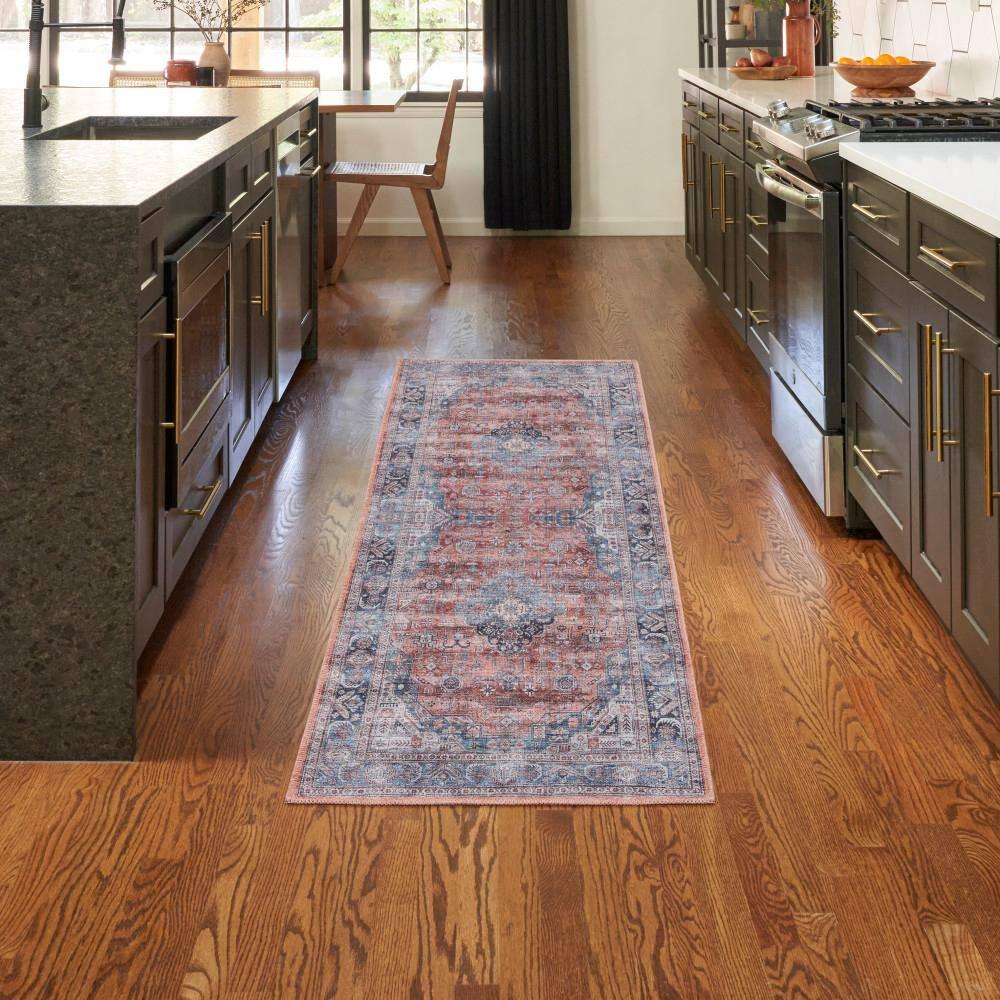 Nourison Washable Brilliance 2' x 6' Blue/Multi Vintage Indoor Bathroom, Kitchen Runner Rug