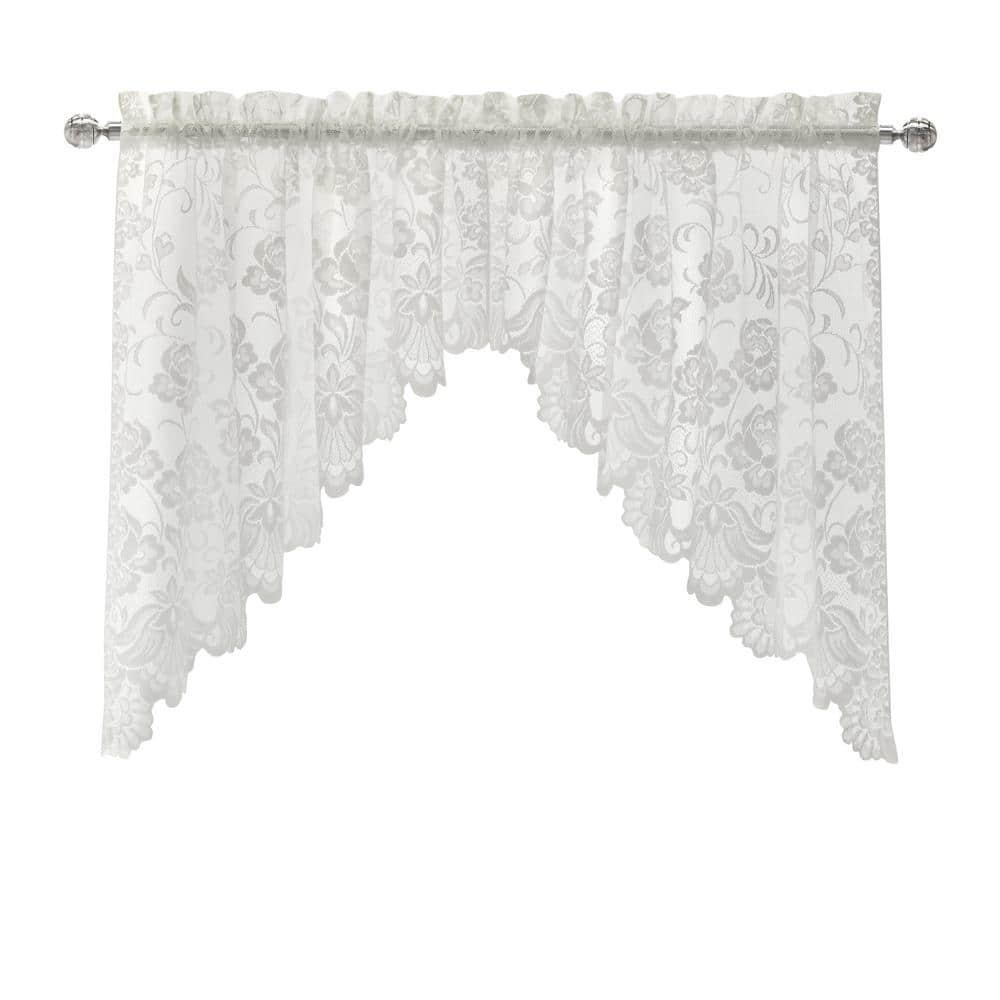 Habitat Limoges Sheer Rod Pocket Delicate Scalloped Bottom Hem Floral Lace Design Swag Valance Set 72" x 32" White