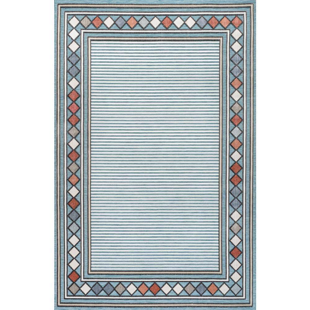 JONATHAN Y Sebastian High-Low Modern Diamond Border Blue/Ivory 5 ft. x 8 ft. Indoor/Outdoor Area Rug