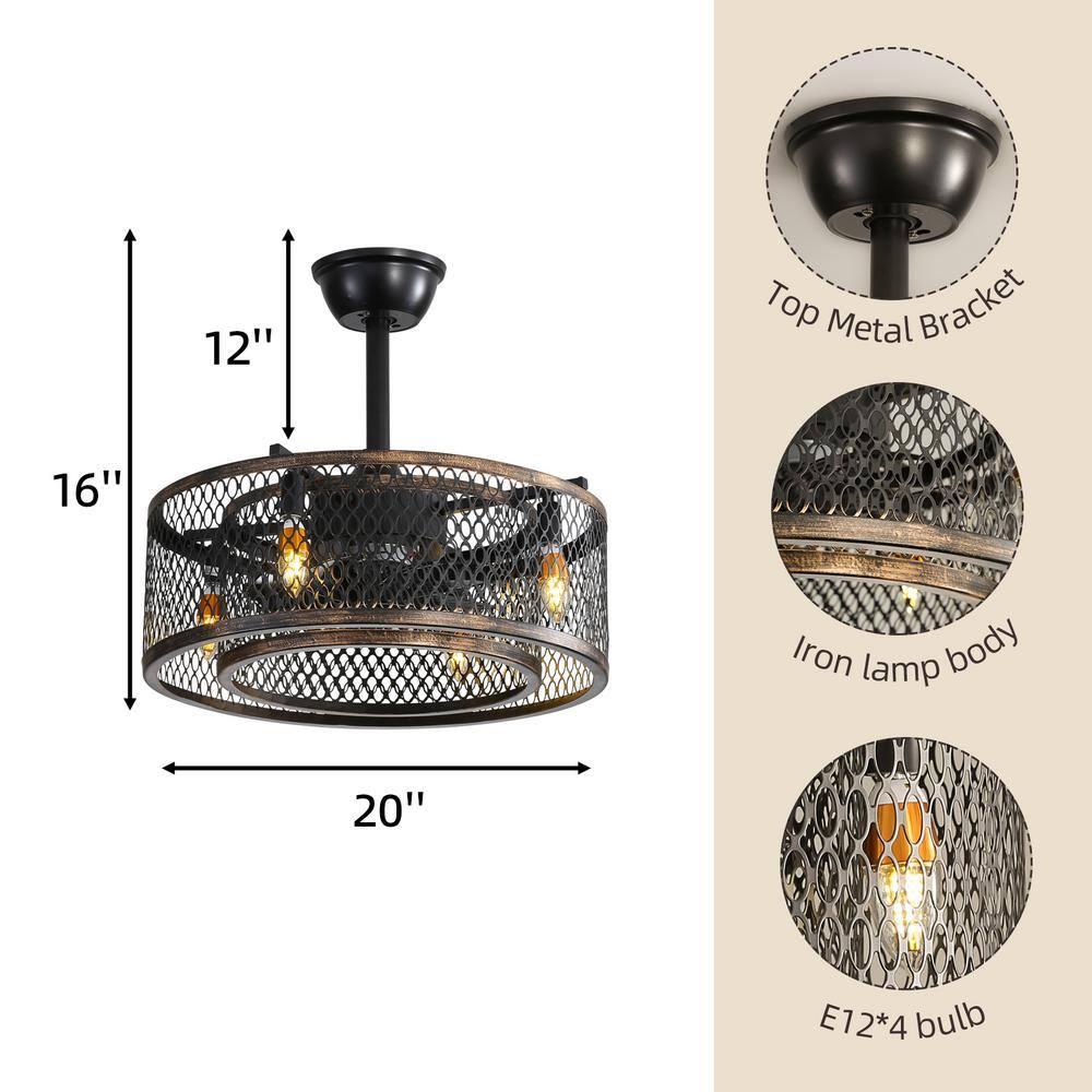 Yesurprise Caged Ceiling Fan with Lights, 20 Inch Ceiling Fan with Remote/APP Control, 6 Speed Wind, E12 6W Light Bulbs, Reversible DC Motor for Living Room
