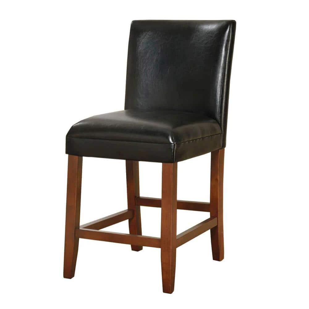 24" Faux Leather Luxury Counter Height Barstool Black - HomePop: Rubberwood Legs, Padded Back
