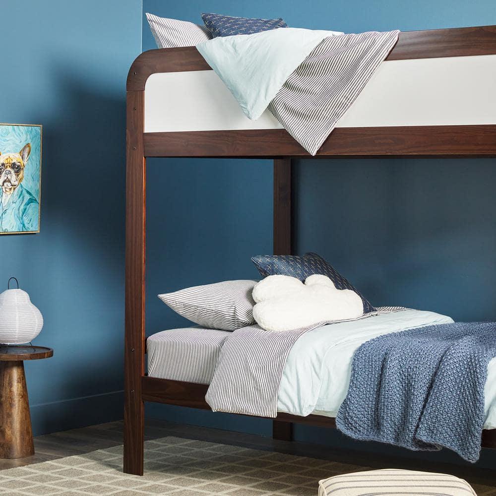 Walker Edison Contemporary Twin over Twin Wooden Bunk Bed with Ladder, Walnut
