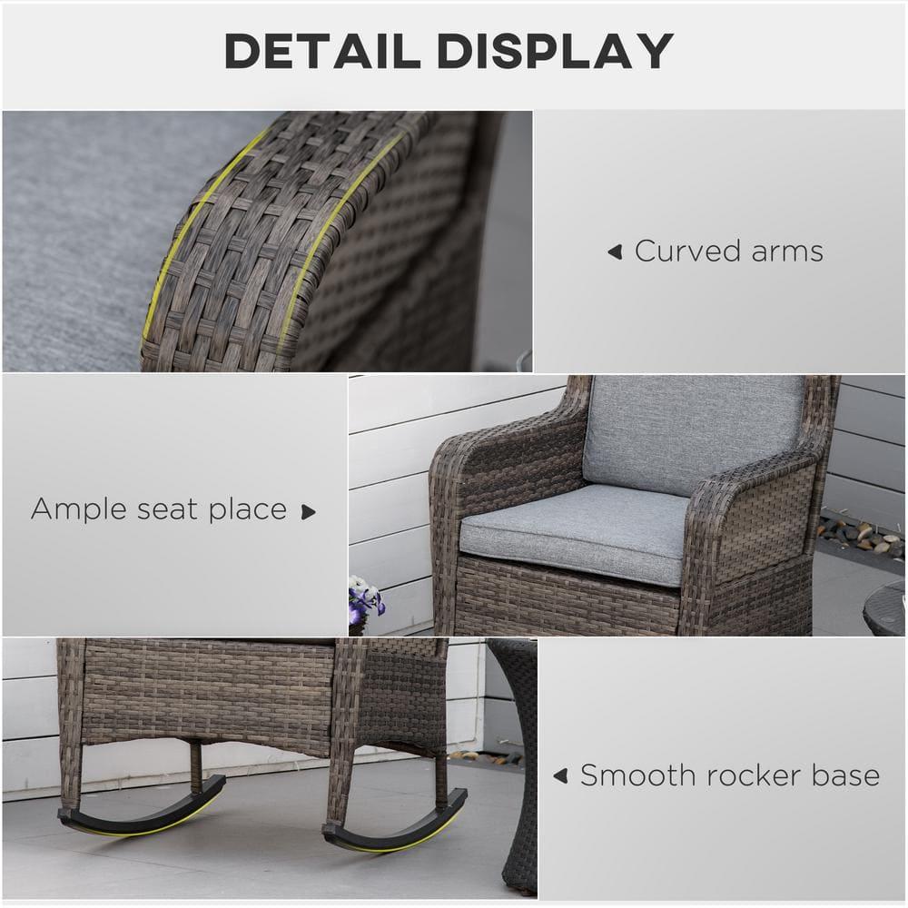Outsunny Patio Wicker Rocking Chair, Outdoor PE Rattan Swing Chair w/ Soft Cushions for Garden, Patio, Lawn, Gray