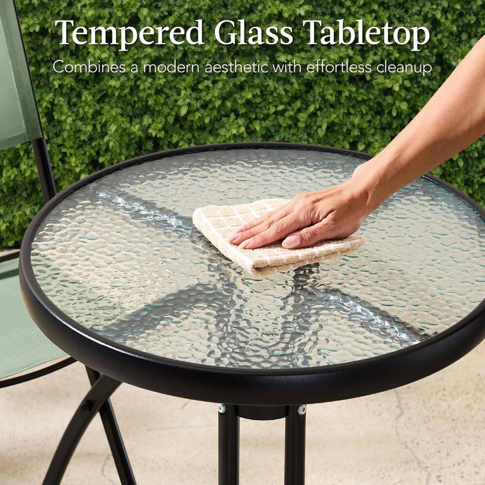 George Oliver 3-Piece Patio Bistro Dining Furniture Set W/ Glass Tabletop, Folding Chairs