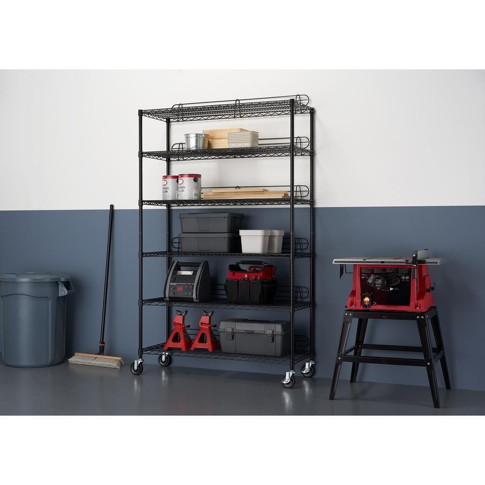 TRINITY 6-Tier 48x18x72 Commercial Wire Shelving w/ Backstands & Wheels, NSF - Black