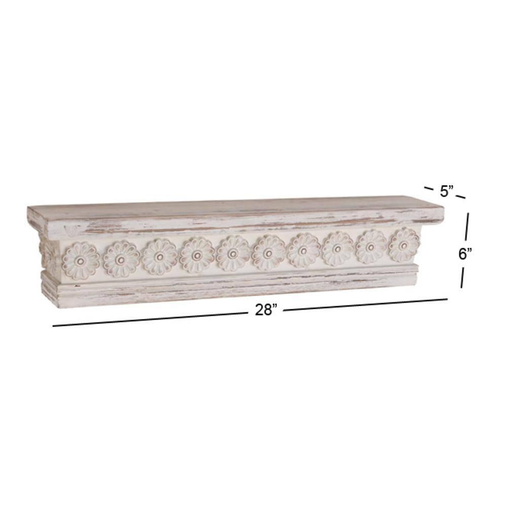DecMode 28" x 5" Intricate Carved 1-Tier White Floral Wall Shelf