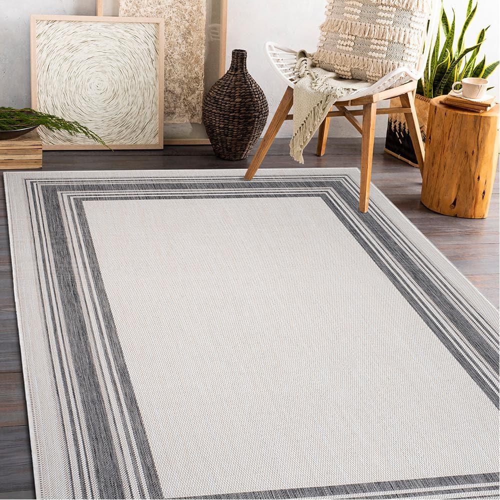 LR Home Kiara 5'3" x 7', Ivory/Black/Gray Bordered Fade & Stain Resistant Indoor/Outdoor Area Rug