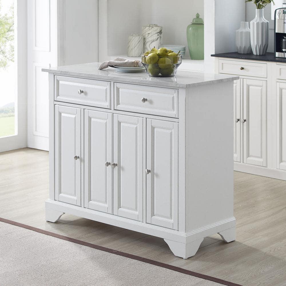 Avery Kitchen Island/Cart Distressed White/White Marble - Crosley: Adjustable Shelves, Particle Board Frame, 6 Shelves, 2 Drawers