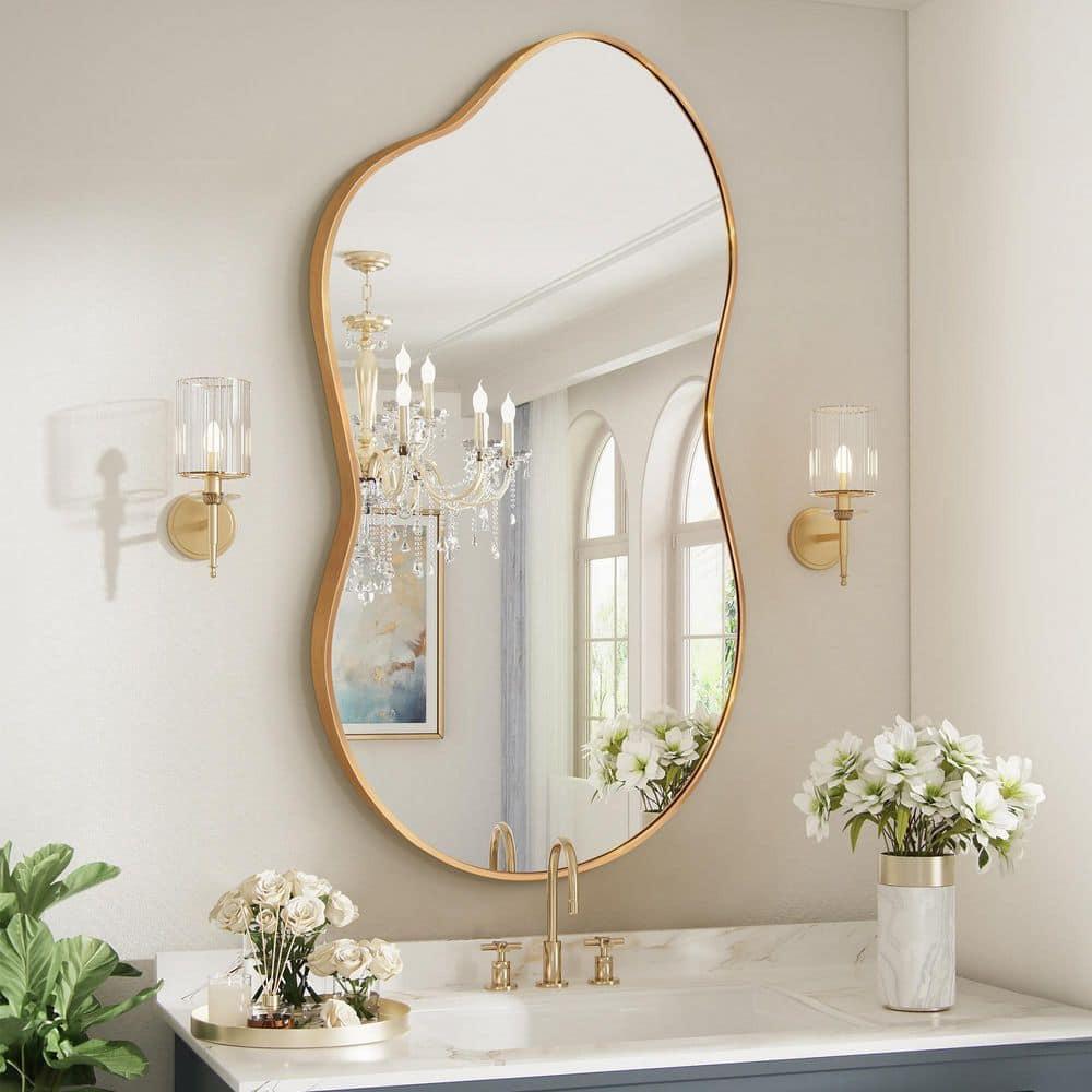 36 in. W. x 24 in. H Irregular Gold Aluminum Alloy Framed Wall Mirror Asymmetrical Wall Mirror