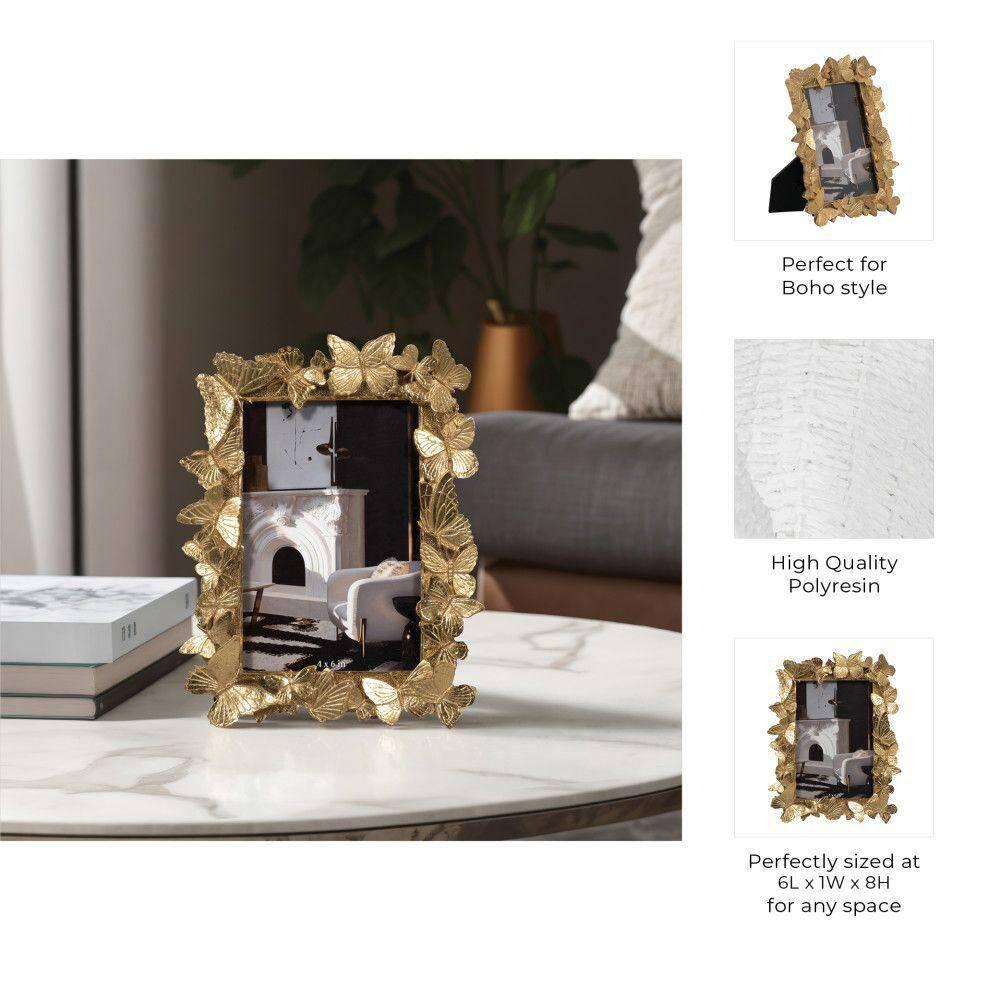 Sagebrook Home Vintage Inspired 4x6 Gold Polyresin and Glass Photo Frame with Butterflies Decor