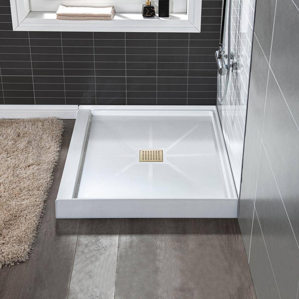 36" Solid Surface Square Single Threshold Shower Pan Base with Drain Assembly & Drain Cover Included, Non-Slip