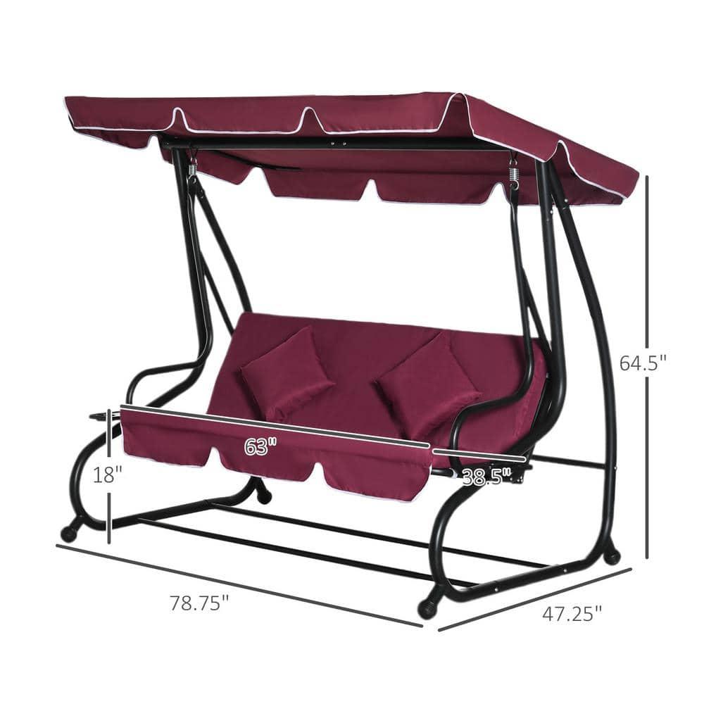 Outsunny 3 Seat Outdoor Free Standing Swing Bench Porch Swing with Stand, Comfortable Cushioned Fabric & Included Canopy, Red