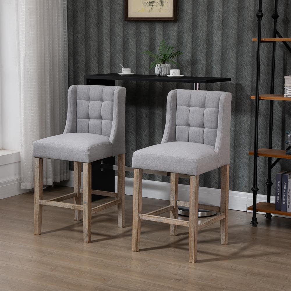 HOMCOM Counter Height Bar Stools, Tufted Upholstered Barstools, Pub Chairs with Back, Rubber Wood Legs for Kitchen, Dinning Room, Set of 2, Gray