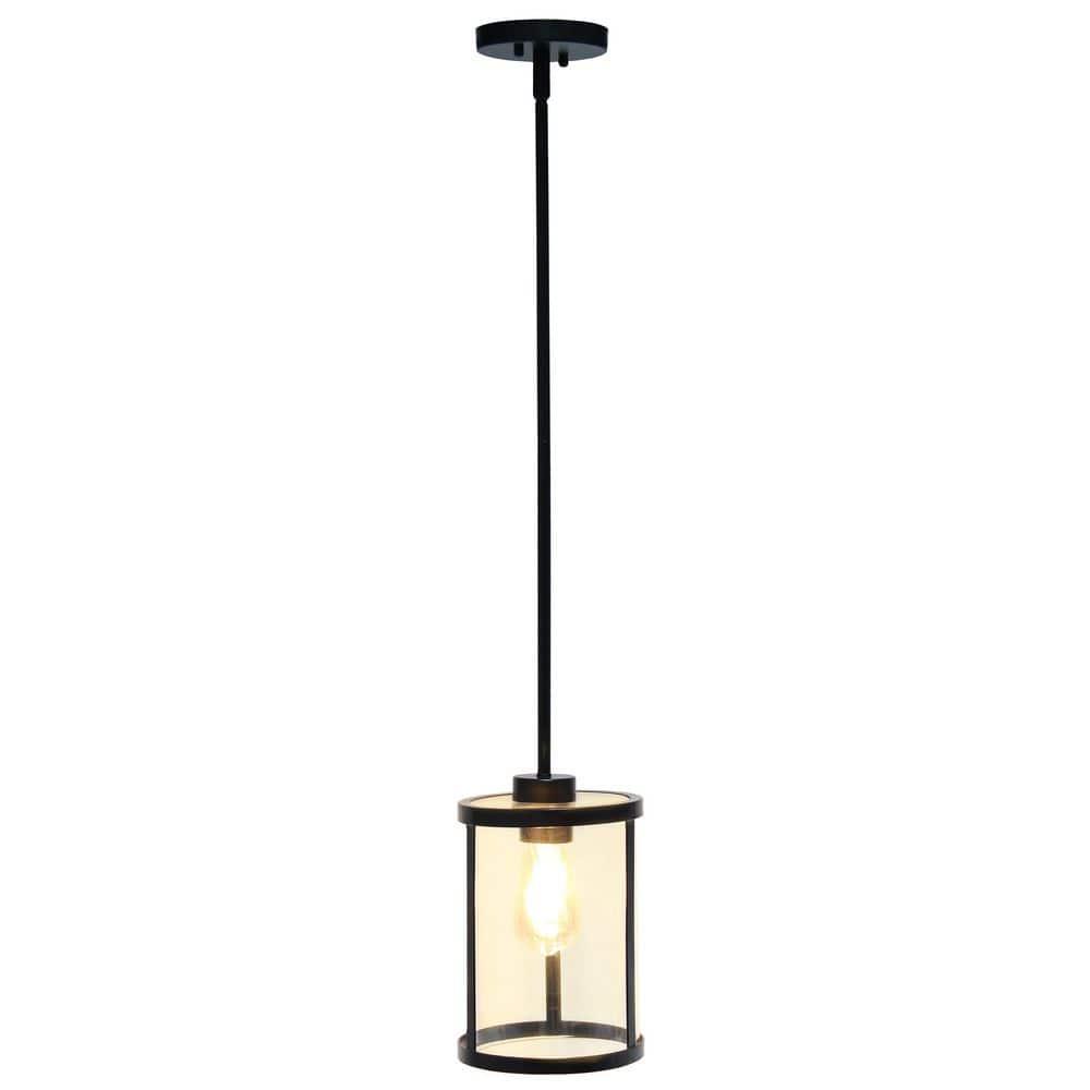 1-Light 9.25" Modern Farmhouse Adjustable Hanging Cylindrical Clear Glass Pendant Fixture with Metal Accent Black - Lalia Home: Industrial Style
