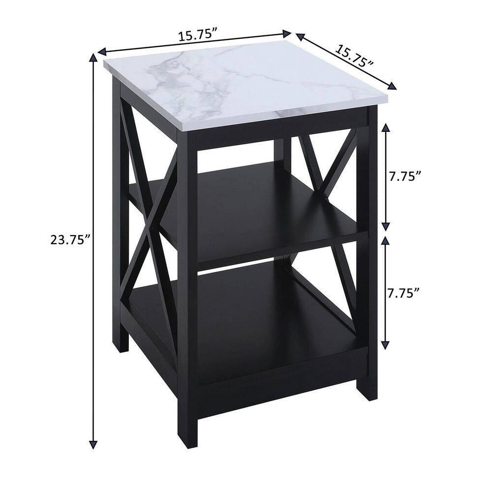 Convenience Concepts Oxford End Table with Shelves, White Faux Marble/Black