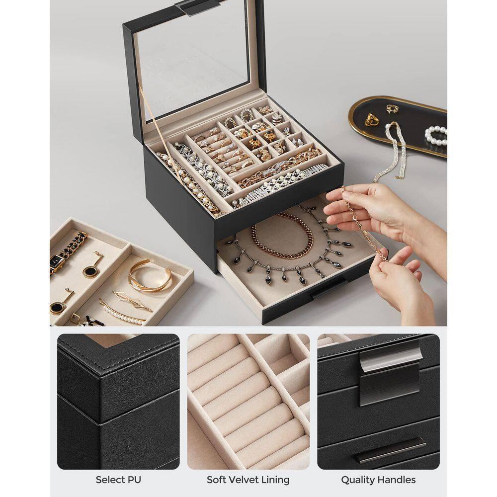 Glass Lid Jewelry Box with Glass Jewelry Organizer Case for Rings Necklaces Earrings Black and Silver